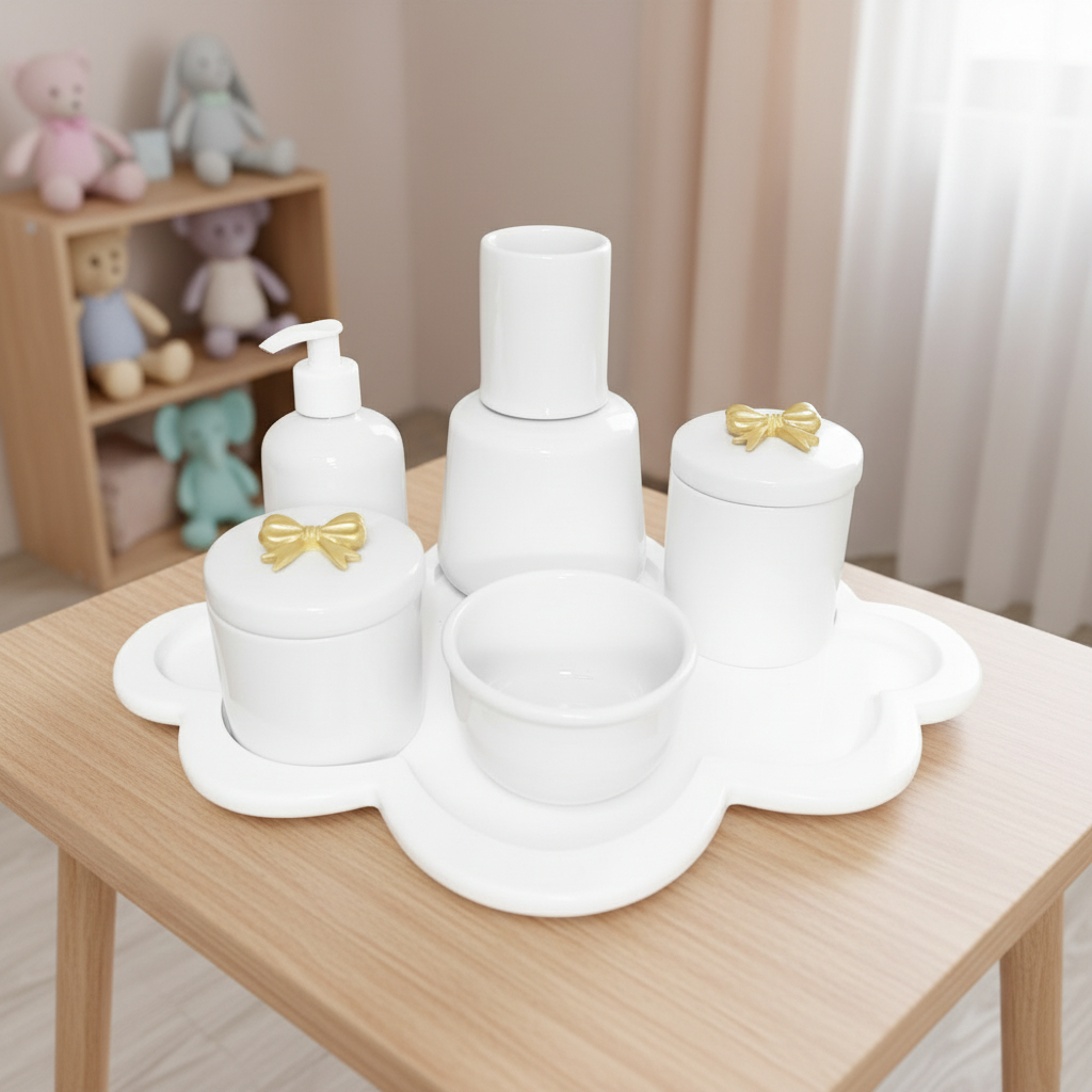 Kit Higiene C/ Moringa Cilindrica E Bandeja Nuvem Laço Dourado