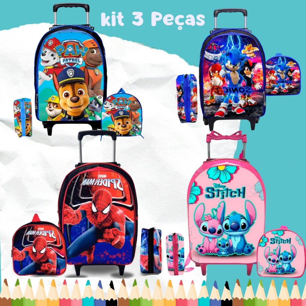 Kit Mochila rodinha escolar 3 peças personagens infantil - sonic stitch fronzen homem aranha menino menina em Oferta na Shopee
