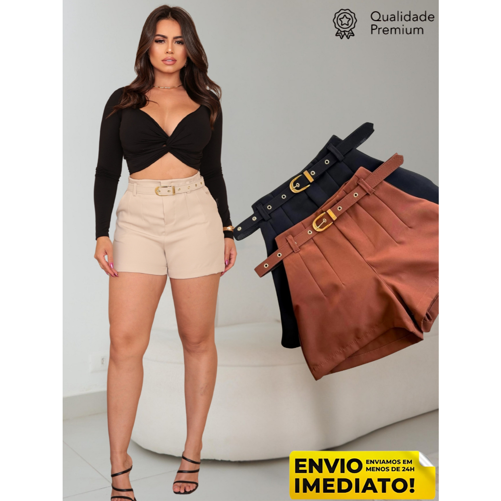 Short Alfaiataria Feminino Com Cinto Encapado em Oferta na Shopee