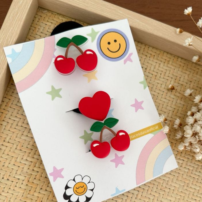 Xuxinha de Cabelo Cereja - Rabicó infantil Cerejinha - Trio de elástico de cabelo infatil cereja