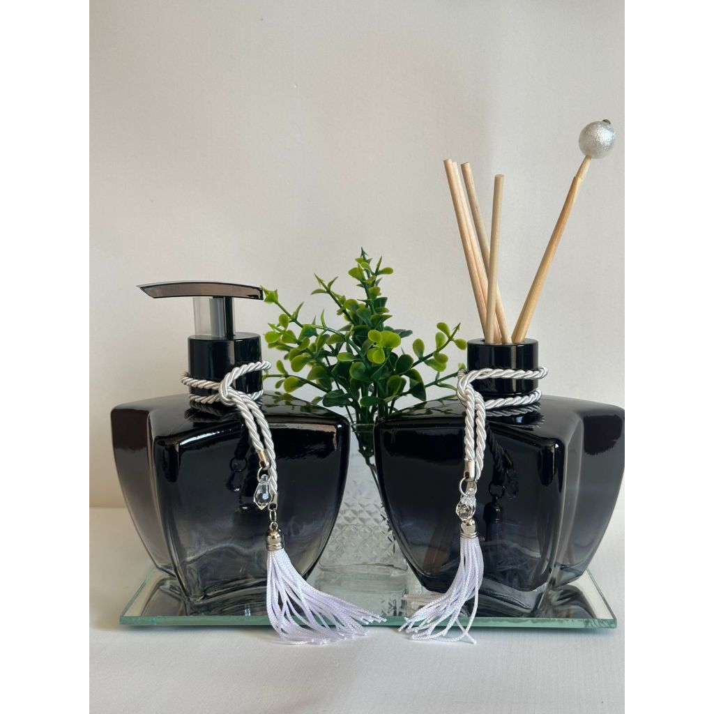 CONJ, Lavabo Banheiro - Vidro Estrela P + Bandeja Espelhada + Porta Sabonete + Difusor de Aromas + Vaso Vidro Decorativo