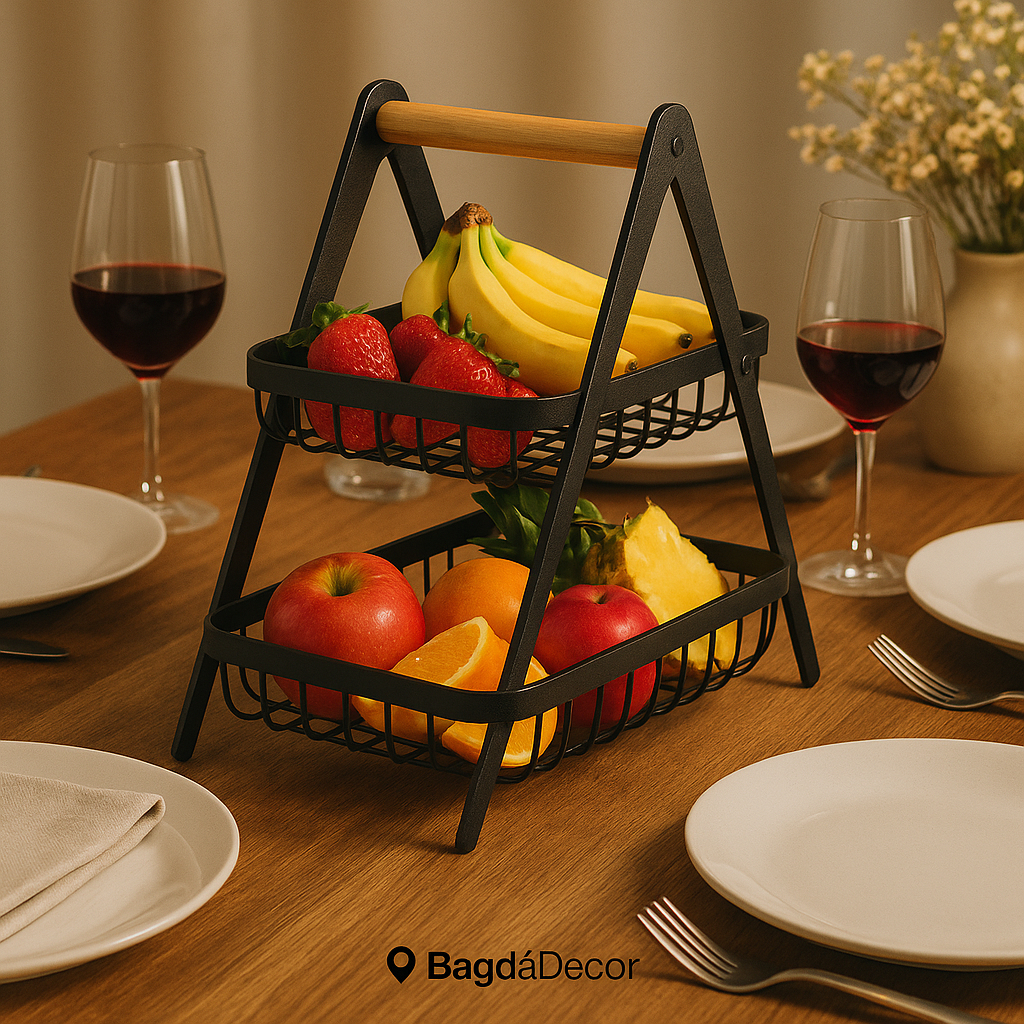 Fruteira de Ferro 2 Andares com Alça Bambu 🥭🍎 Cozinha Mesa Bancada Organizador Moderno