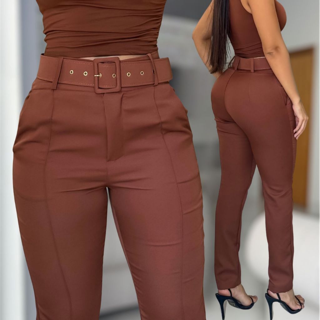 Calça Feminina Alfaiataria Social Com Cinto Casual Elegante Cintura Alta Com Zíper e Bolsos Calça Feminina Alfaiataria Social Com Cinto Casual Elegante Cintura Alta Com Zíper e Bolsos