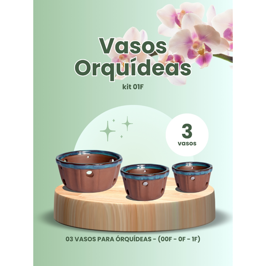 KIT VASOS CERÂMICOS PARA ORQUÍDEAS - AZUL ESMALTADO - 03 TAMANHOS - KIT 01F