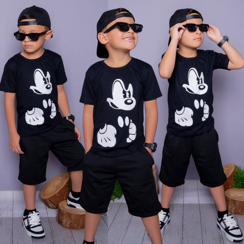 Conjunto Infantil Juvenil Menino Personagem Camisa e Bermuda Masculina Estiloso do 2 ao 14 anos