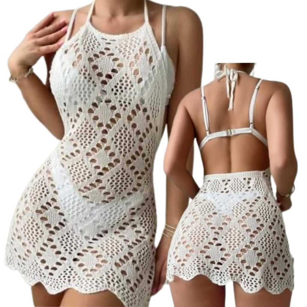 SAÍDA DE PRAIA COSTA ABERTA TRICOT RENDADO CROCHET VERÃO CURTA LINDA em Oferta na Shopee