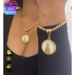 Colar e pulseira femininos, estilo português, com imagem de Nossa Senhora Aparecida - Banhado a ouro