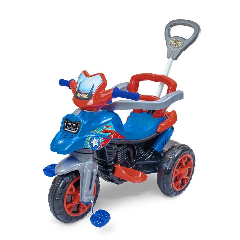 Triciclo Infantil Moto Azul com Pedal Haste Buzina Cinto Segurança Apoio Porta-Objetos