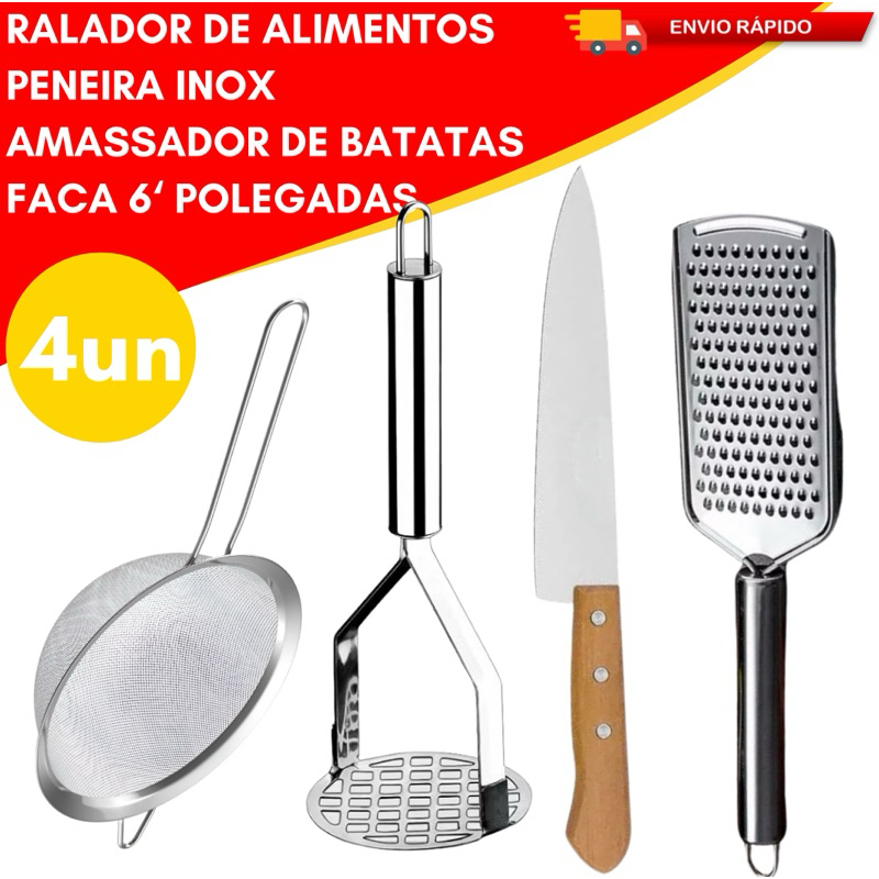 Kit 4 Amassador de Batata Ralador de inox e Peneira Aço Inox Faca Peixera Qualidade Cozinha