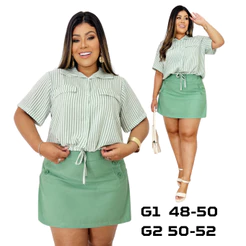 Blusa Camisa Femenina Plus Size Social Gola Casual Manga Curta Cropeed Listrado G1 G2 DUNAPREMIUN