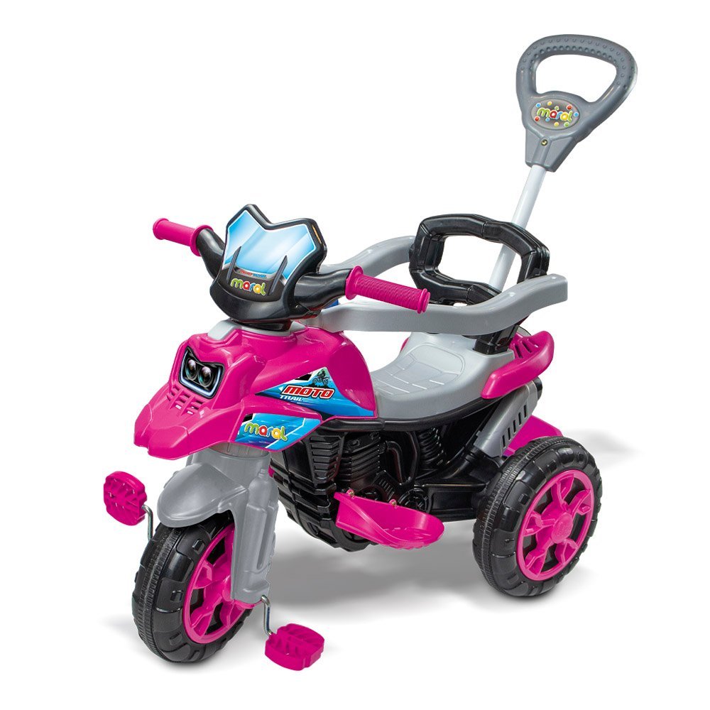 Triciclo Infantil Moto Rosa com Pedal Haste Buzina Cinto Segurança Apoio Porta-Objetos