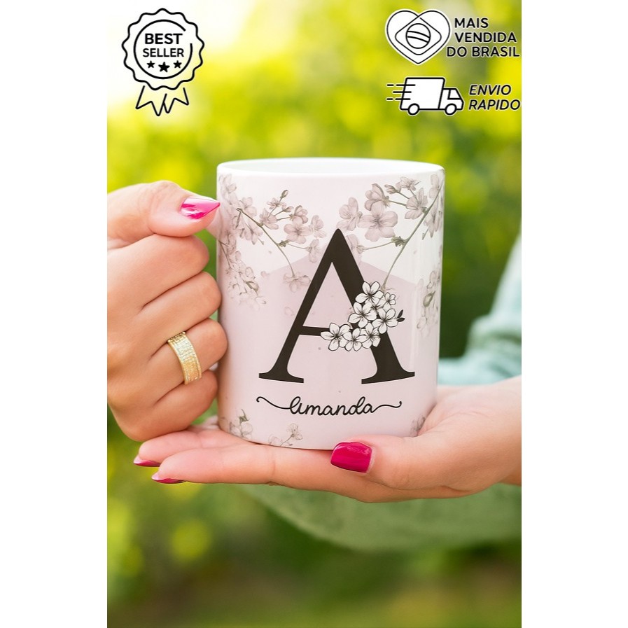 Caneca Xicara Personalizada Floral Rosa com Inicial do Nome presente alfabeto linda em Oferta na Shopee
