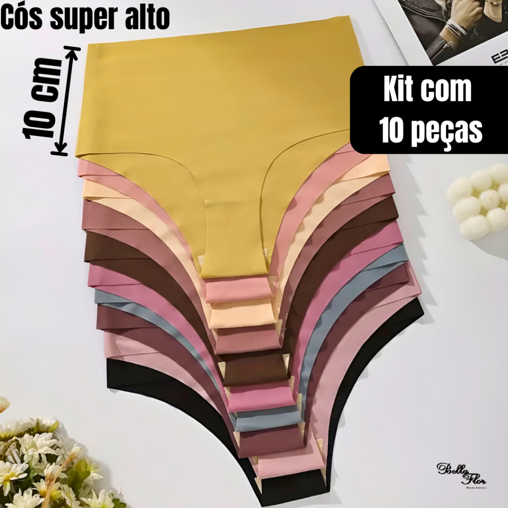 Kit 10 Calcinhas Cós Alto Sem Costura Corte a Laser Conforto Não Marca