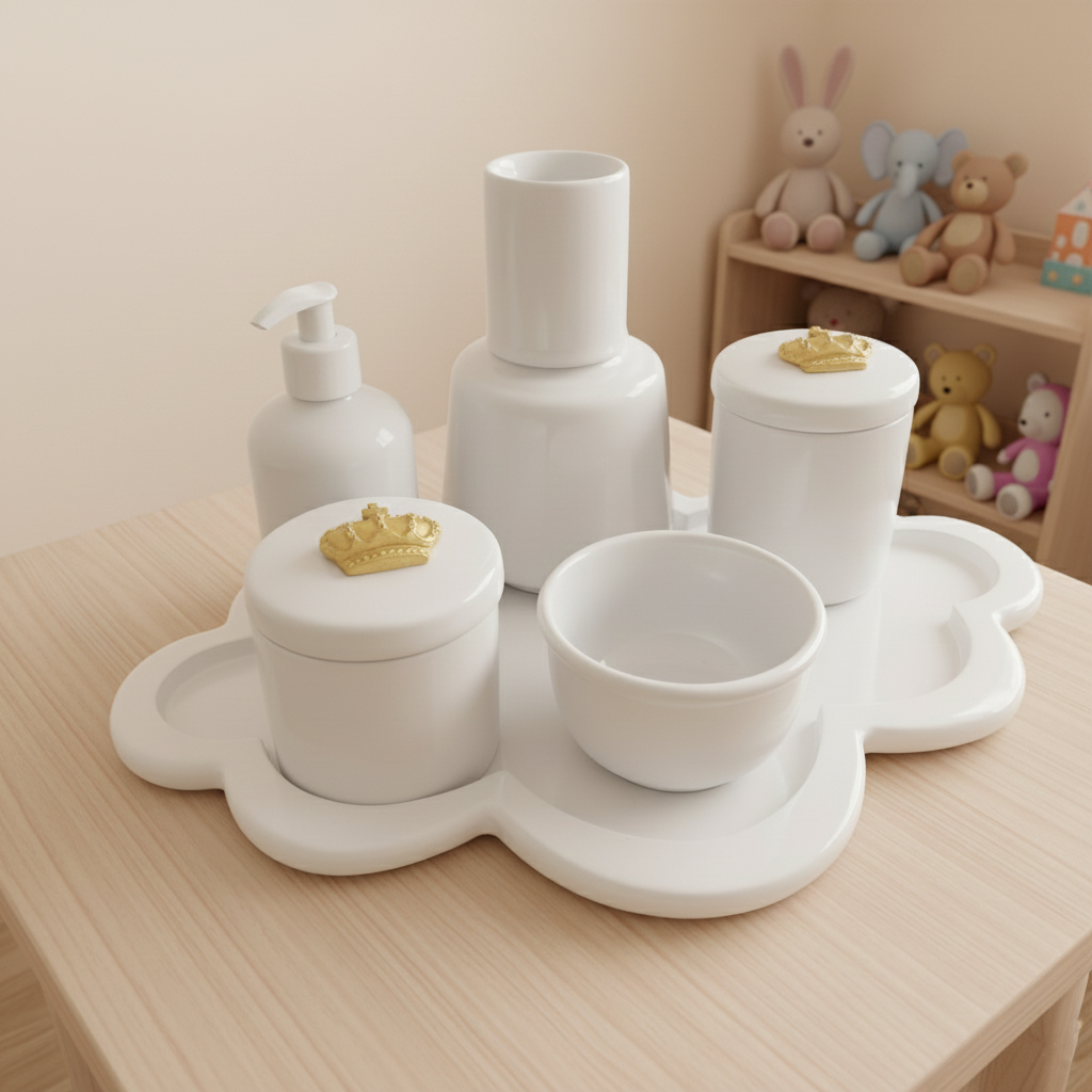 Kit Higiene C/ Moringa Cilindrica E Bandeja Nuvem Coroa Dourada