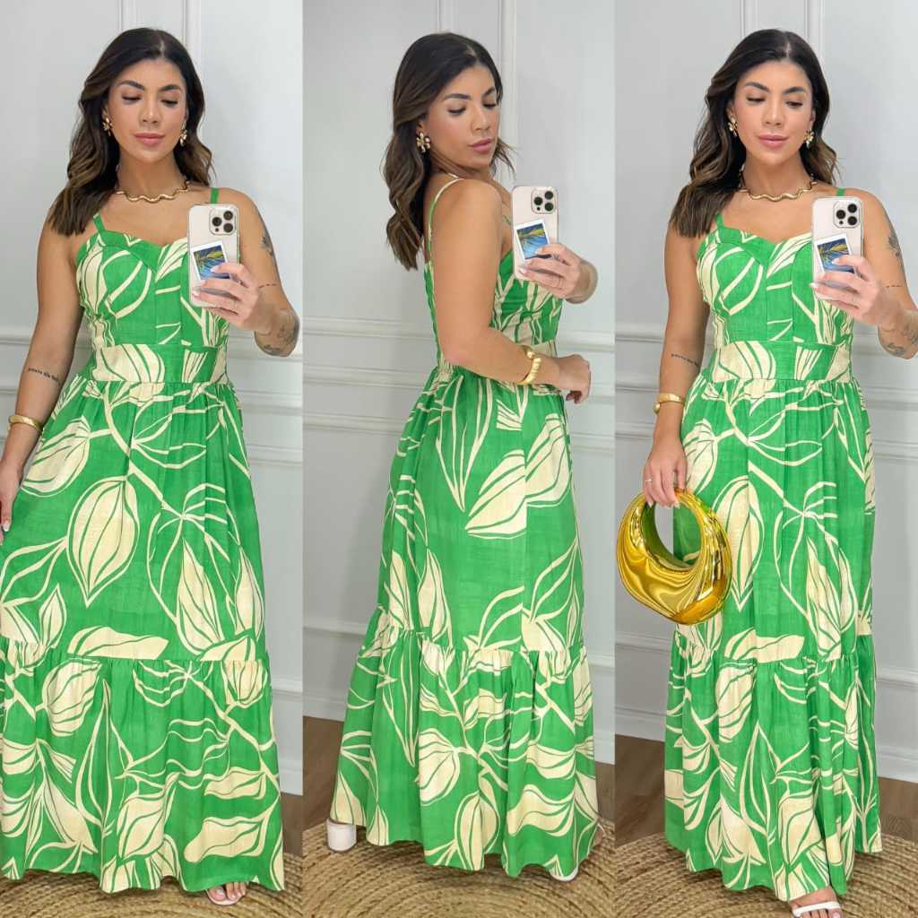 vestido longo femenino tecido jakar frente decotado corazon,elastex nas costas, alsa regulable em Oferta na Shopee