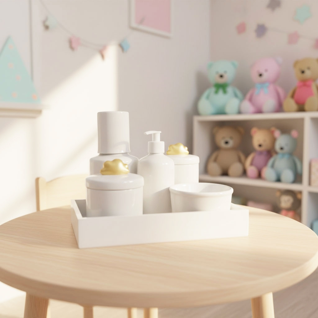 Kit Higiene Porcelana com Nuvem Dourada e Bandeja Quadrada Espelhada