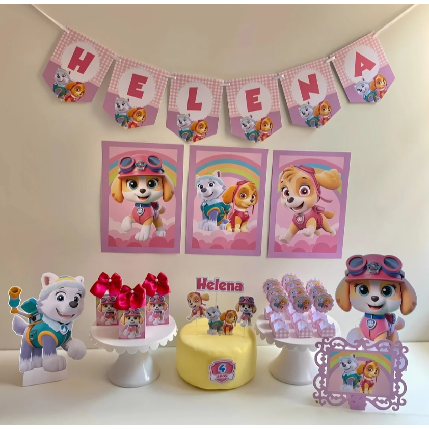 Kit Festa Patrulha Cani Rosa Skye Personalizado| Só Bolinho | Mesversário |Aniversário Decoração Casa e Escola 100 Itens