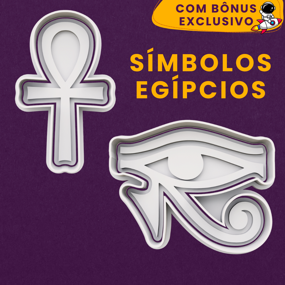 Kit Cortador de Biscoito Símbolos Egípcios Egito Ankh Olho de Hórus + Ebook de Receitas - 3D Verso