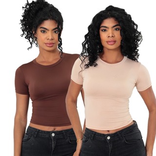 Baby Tee Feminina - Blusa Slim Fit Manga Curta - Blusa de Compressão em Oferta na Shopee