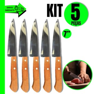 Conjunto 5 Facas inox cabo madeira  7" polegadas para Casa Restaurante Açougue