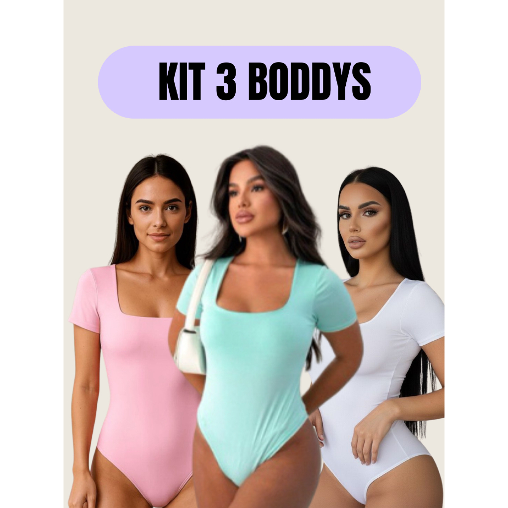 Kit 3 Body Feminino Decote Quadrado Manga Curta Tecido Suplex Moda Verão Tendência