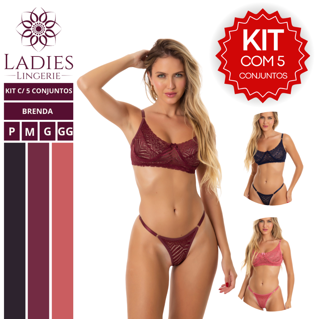 Kit 5 Conjuntos Renda Sutiã Sem Bojo Com Aro Calcinha Fio Dental Com Alça Ajustável Lingerie Sensual
