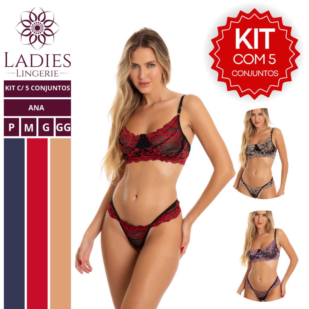 Kit 5 Conjuntos lingerie calcinha e sutiã  sexy sem bojo com aro de renda Bicolor Ana em Oferta na Shopee