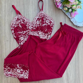 Conjunto De Pijama Luxo Feminino Renda, Calça Longa Blusa De Alcinha para Dormir Linha Noite Detalhes em Renda