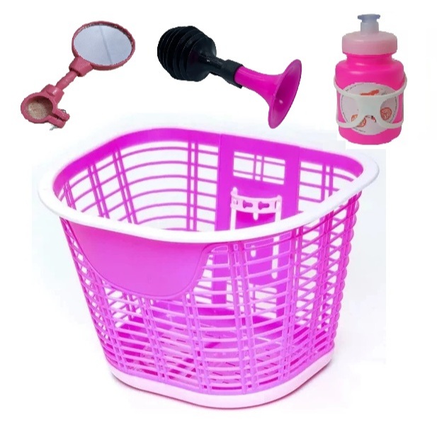 Kit Cestinha Espelho Buzina e Garrafa 250ml P/ Bicicleta Bike Infantil Rosa