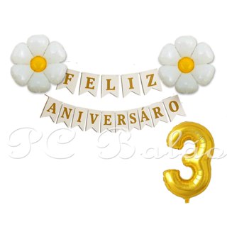 Kit 4 :  NÚMERO Dourado 40CM  + 1 FAIXA BRANCA ( FELIZ ANIVERSÁRIO) + 2 MARGARIDA 45CM em Oferta na Shopee