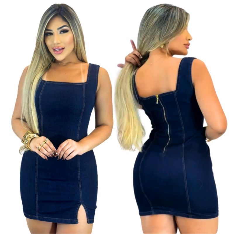Vestido Jeans Feminino Alca Larga Curto Com Lycra Passeio Festa Casual