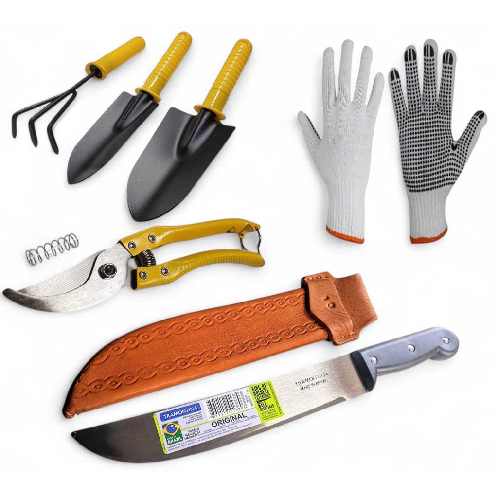 Kit Jardinagem Facão Tramontina 10 pol Bainha Ancinho Pazinha Larga e Estreita Tesoura de Poda Luva