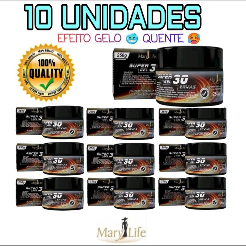 🔥Kit 10 Unidades Super Gel 30 Ervas Mary Life 250g — Efeito Gelo ❄️ e Quente 🔥 - Relaxante Muscular - Alívio Rápido
