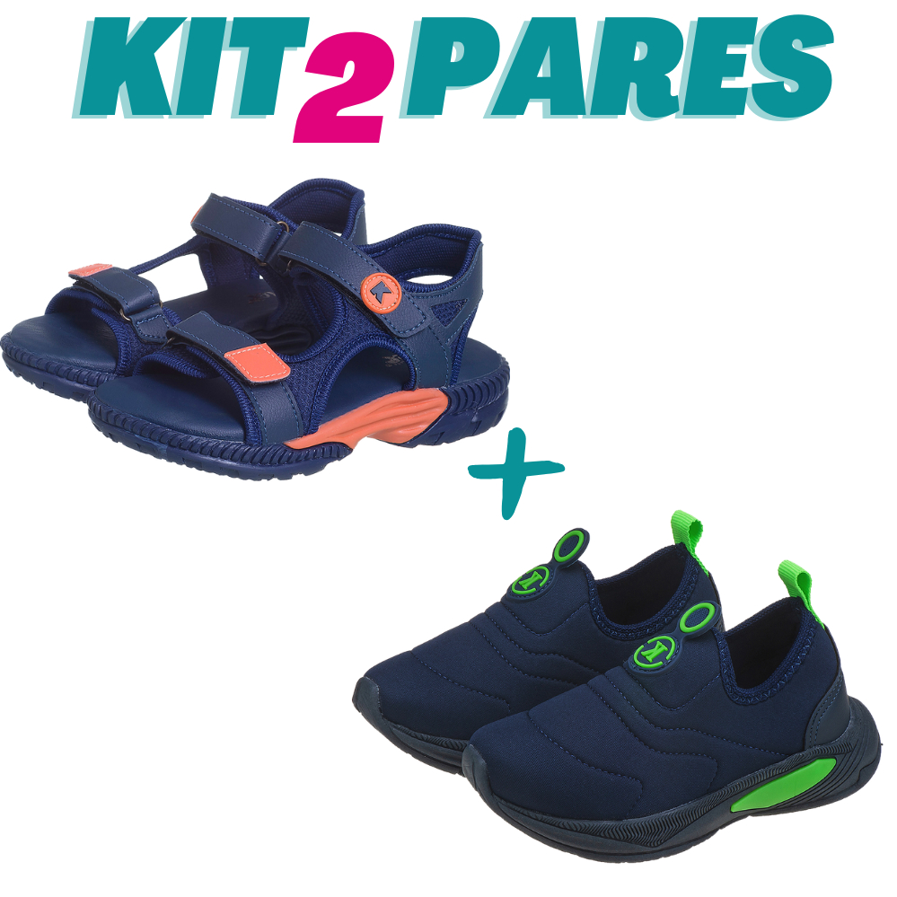 KIT 2 PARES Tênis Infantil Menino Calce Facil Marinho Verde e Papete Marinho Laranja 22 ao 34 Kidstep