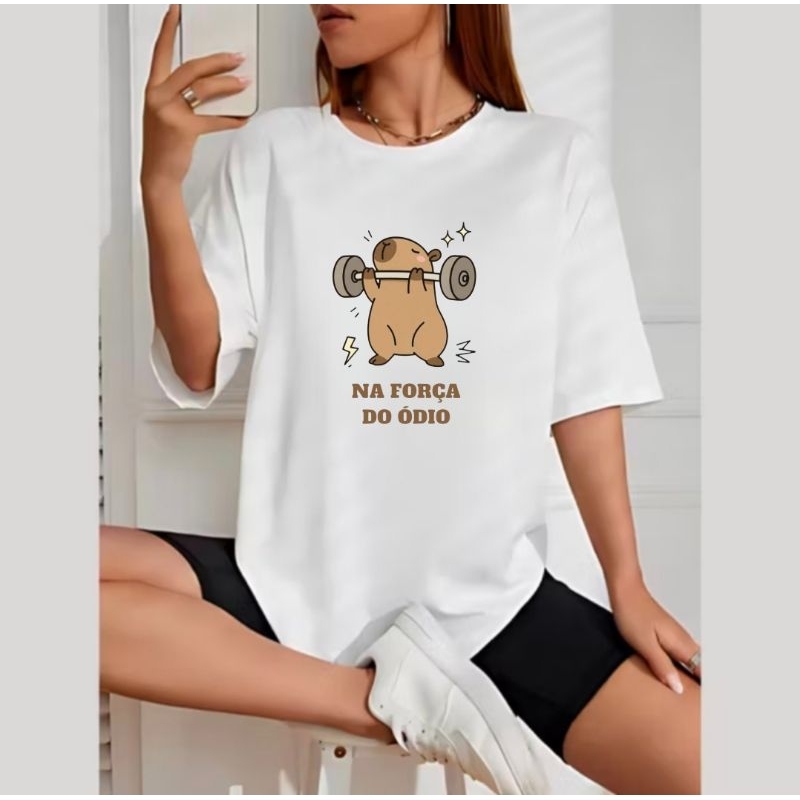 Camiseta Oversized Feminina Algodão Confortável Estampada Capivara Casual Academia Treino Streetwear