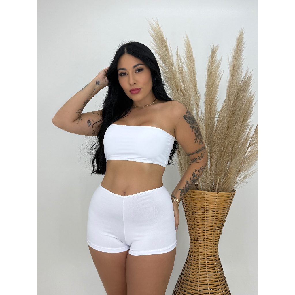 Conjunto Bella Cor Branco Short Cintura Alta Top Faixa Sem Bojo Não Marca Verão Carnaval
