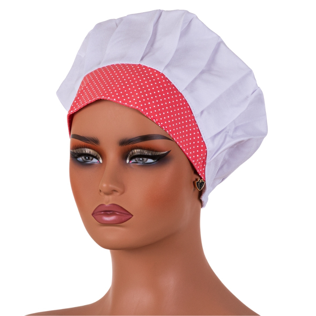 Chapéu Touca Para Chef De Cozinha Restaurante Padaria Pizzaria Bar Uniforme Unissex Tipo Gorro Estampa Poá Salmão