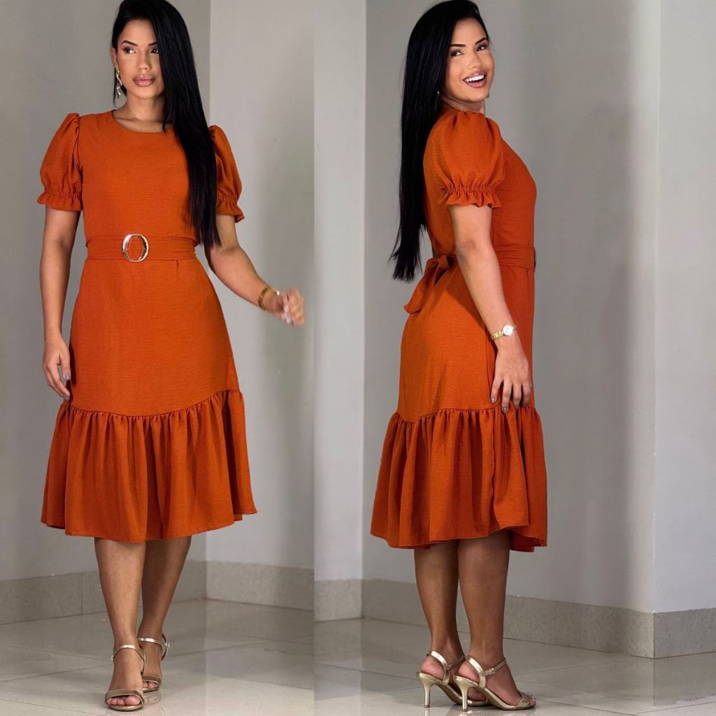 Vestido Midi Luxo de Babado Crepe Air Flow Feminino Solto Leve Elegante Babado Manga Curta Forrado Festa