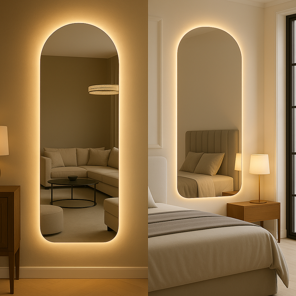 Espelho Base Reta Led Quente 3000K Neutro 4000k Frio 6000k Retangular Sem Moldura Corpo Inteiro Banheiro Hall Bivolt