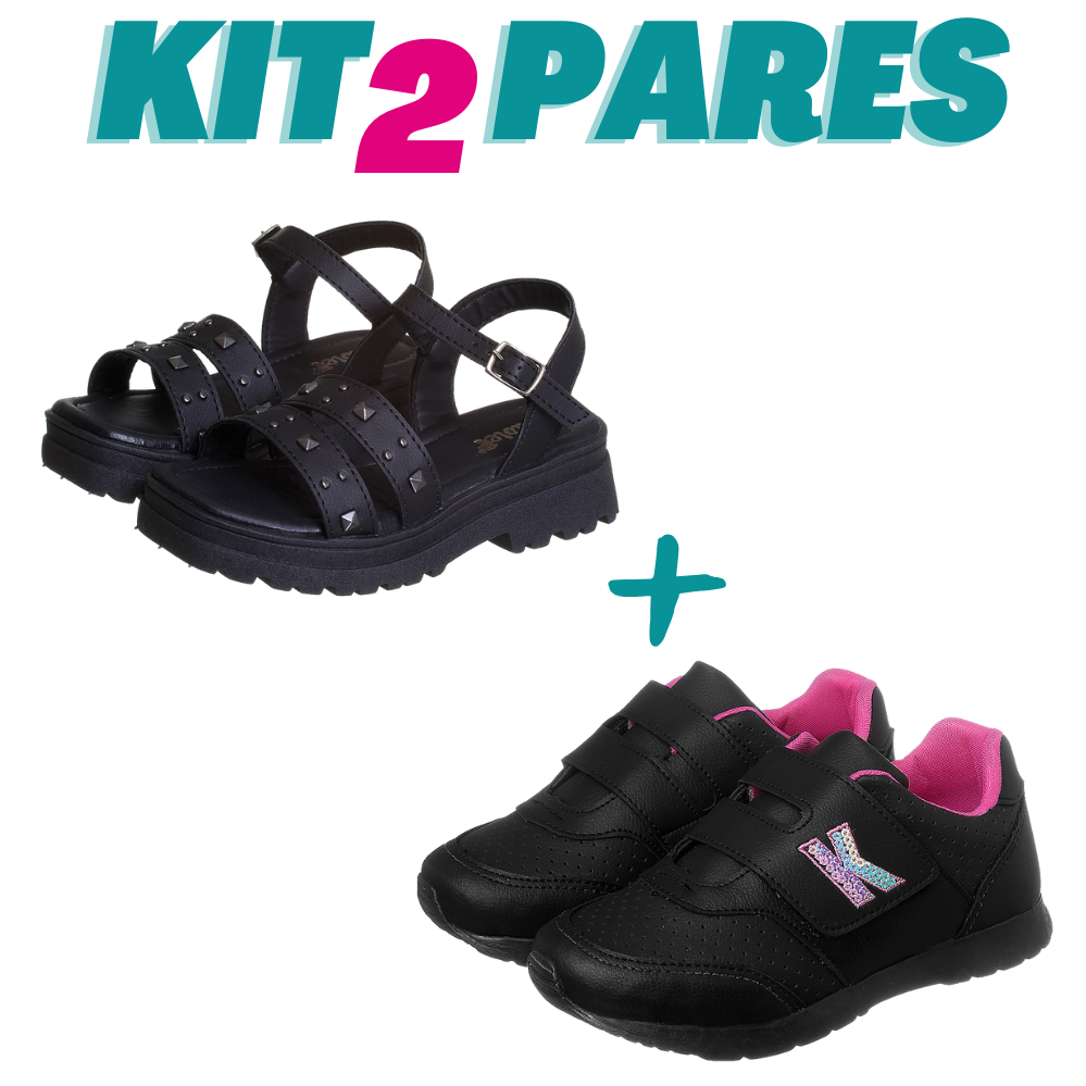 KIT 2 PARES Sandália Tratorada Infantil Menina Spike Preta e Tênis Jogging Bordado Preto Pink Kidstep