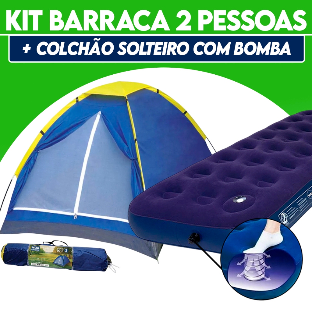 Kit Barraca Iglu 2 Lugares + Colchão Solteiro Inflável Camping Acampamento