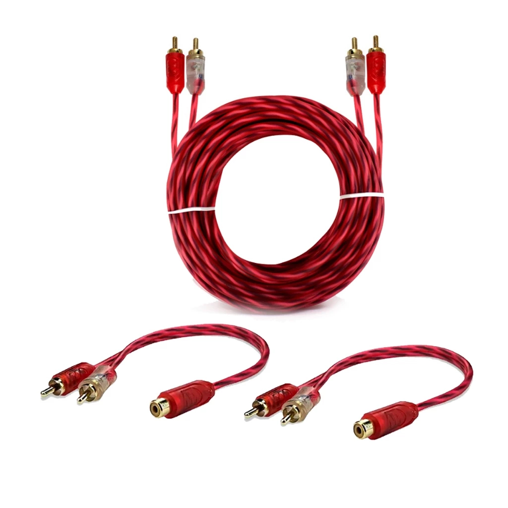 Kit 1 Cabo RCA 5 M + 2 Y Dupla Blindagem Injetado Vermelho 4mm Conectores Duplos Caixa Bob Paredão
