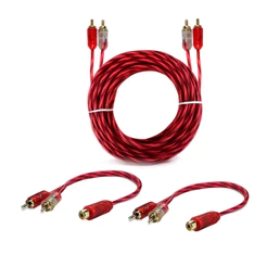 Kit 1 Cabo RCA 5 M + 2 Y Dupla Blindagem Injetado Vermelho 4mm Conectores Duplos Caixa Bob Paredão