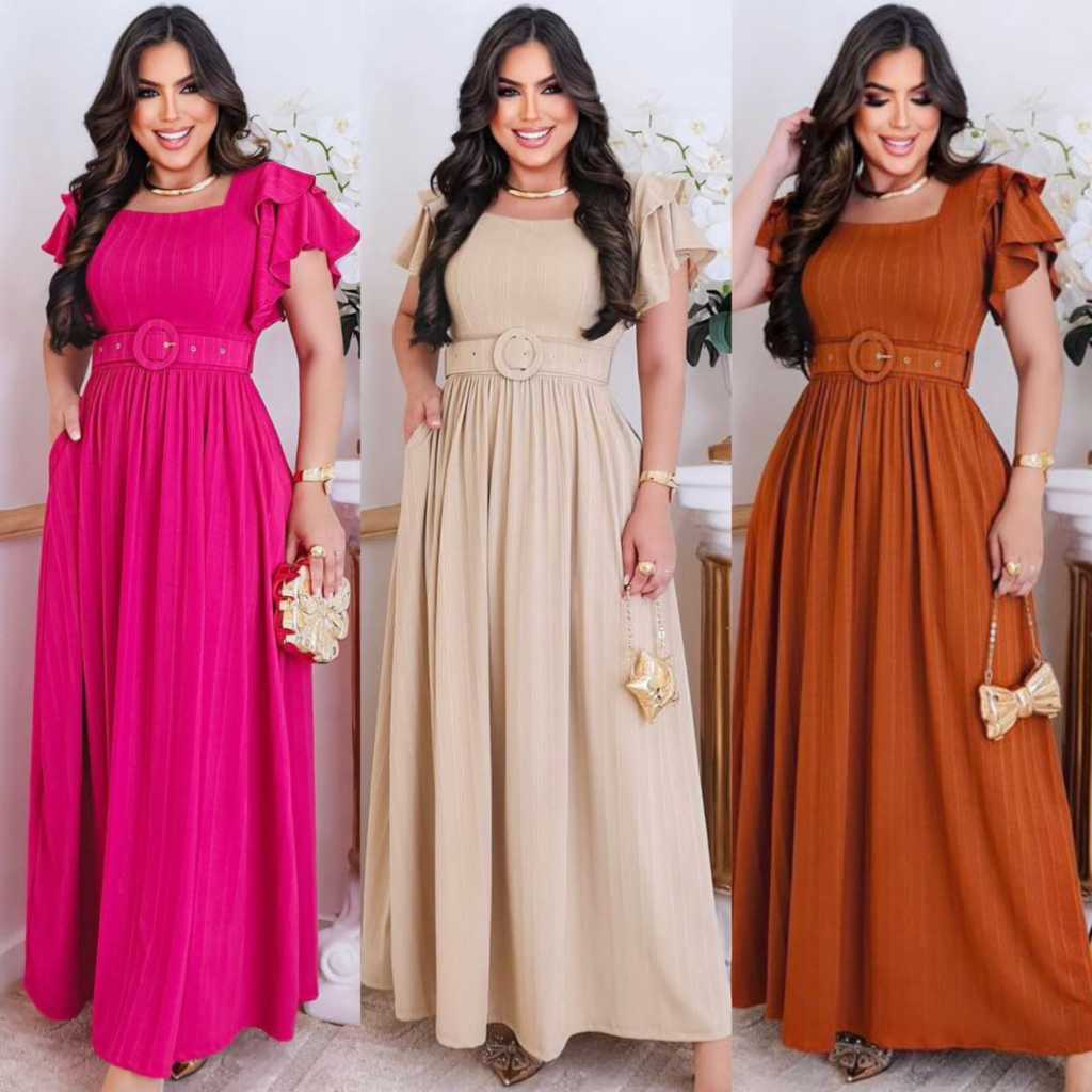 Vestido Longo Feminino Manguinha Godê Moda Evangélica Executiva Social Luxo com Bolso + Cinto 57A em Oferta na Shopee