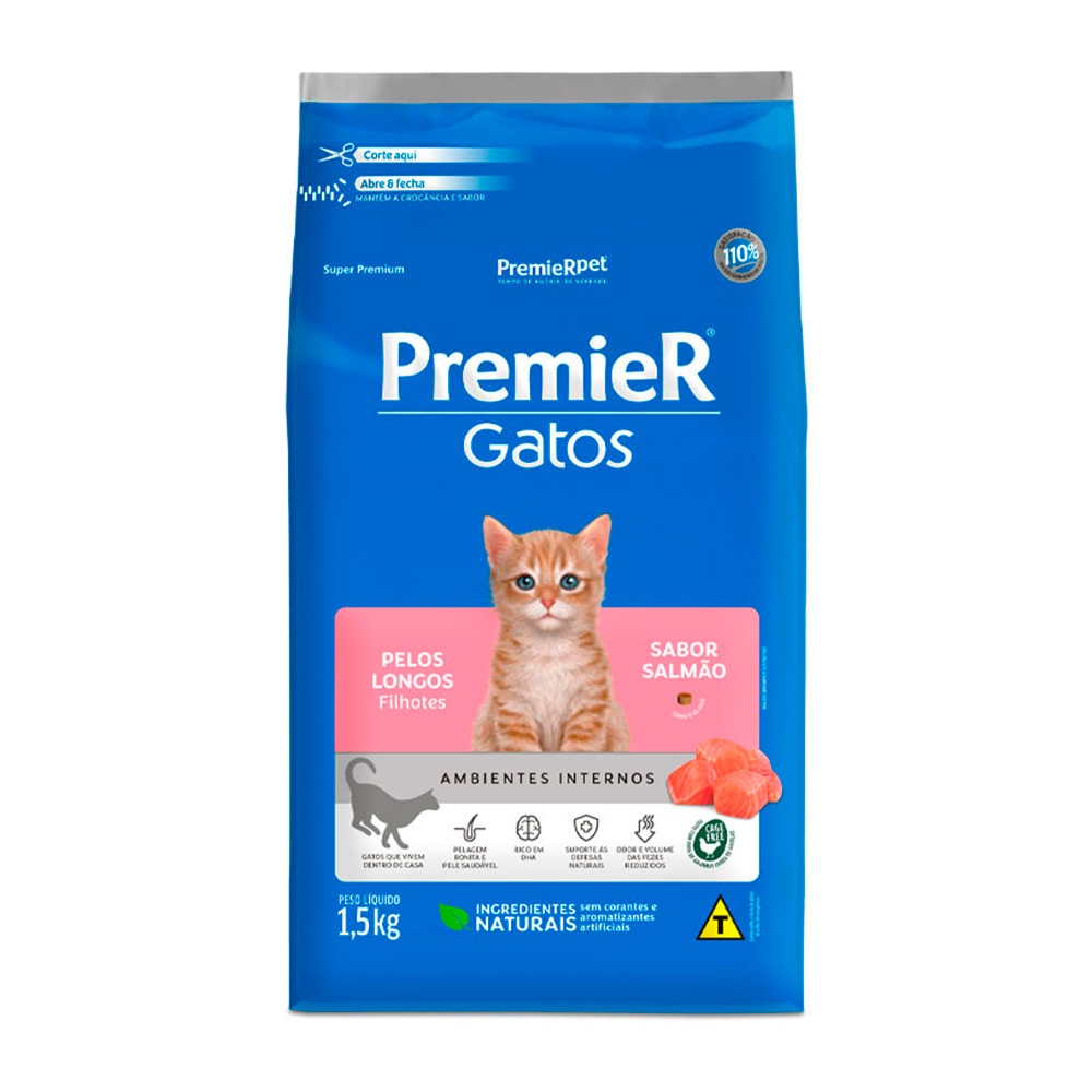 Ração Premier Gato Ambiente Interno Filhote Pelo Longo Salmão 1,5kg