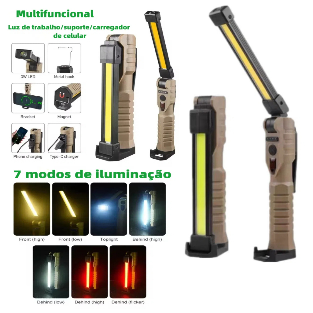 Lanterna led dobrável portátil, ímã forte, luz de trabalho cob, tipo c, recarregável, holofote de emergência KA-L6578