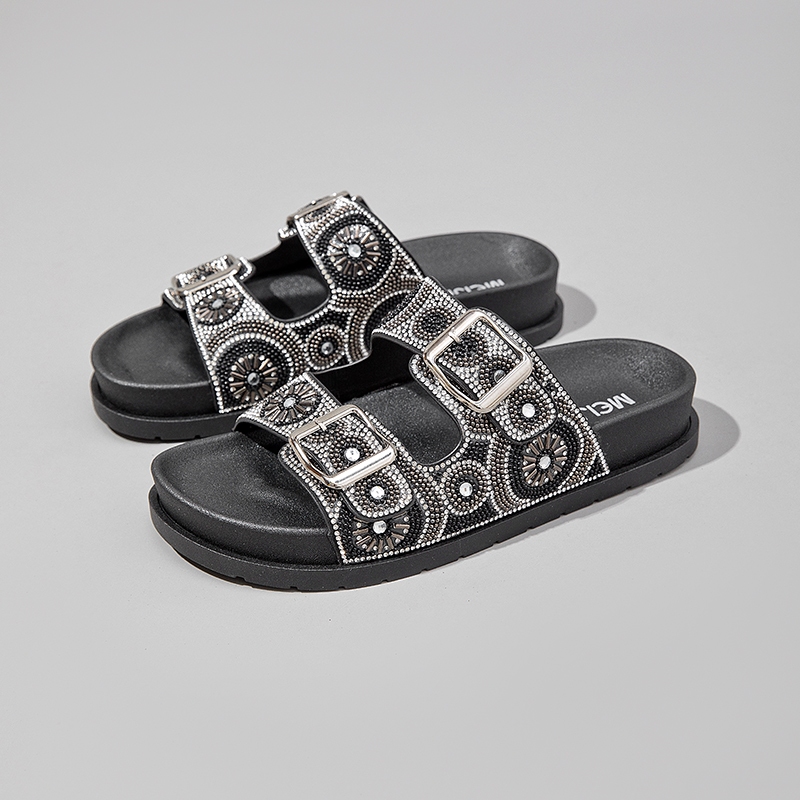 Novo Femininos Sandália Birken Papete com strass Fivela ajustável
