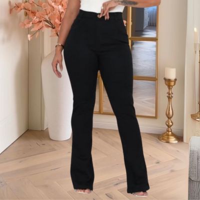 Calça Flare Preta Jeans Modeladora Lycra Cintura Alta Empina Bumbum Boca de Sino Moda Feminina