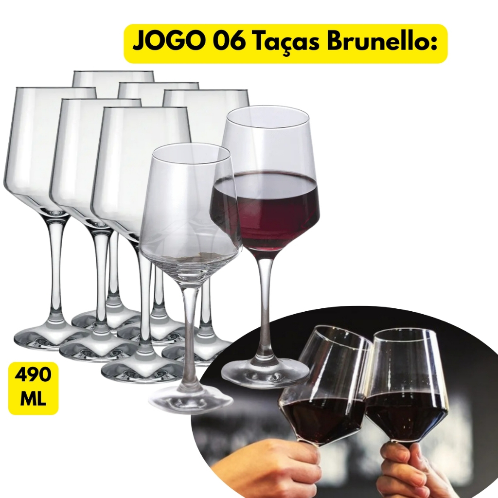 Jogo Kit 06 Taça Brunello 490 ML Vidro Vinho Água Nadir Figueiredo Gás Tinto Suave Vino Redonda