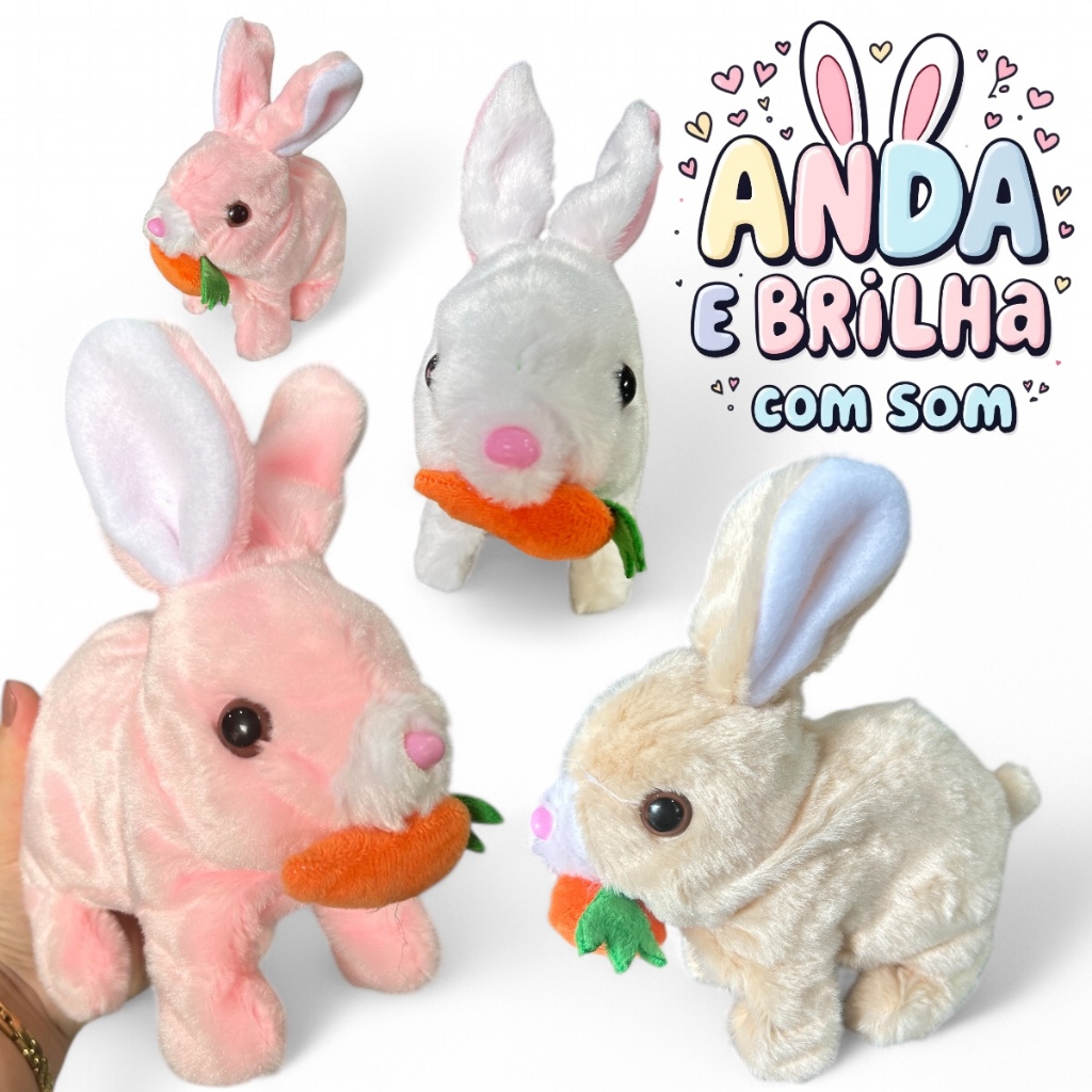 Coelhinho De Pelúcia Com Led anda e emite som Pascoa Coelho Elétrico Infantil Caminhar Pular Com Luz